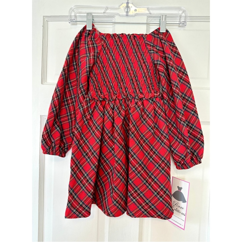 Girls Tartan Plaid Holiday Christmas Dress Blouson Sleeve New With Tags